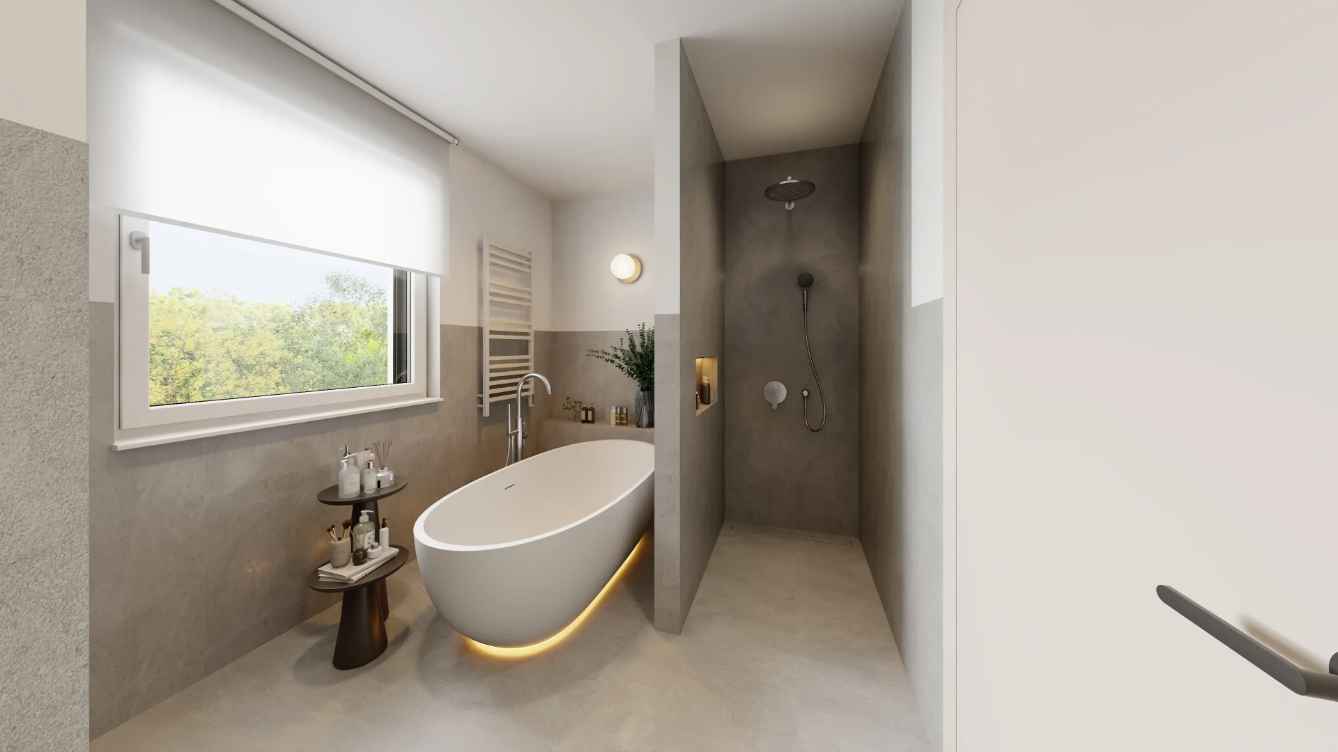 Penthouse-Badezimmer mit freistehender Badewanne und Dusche