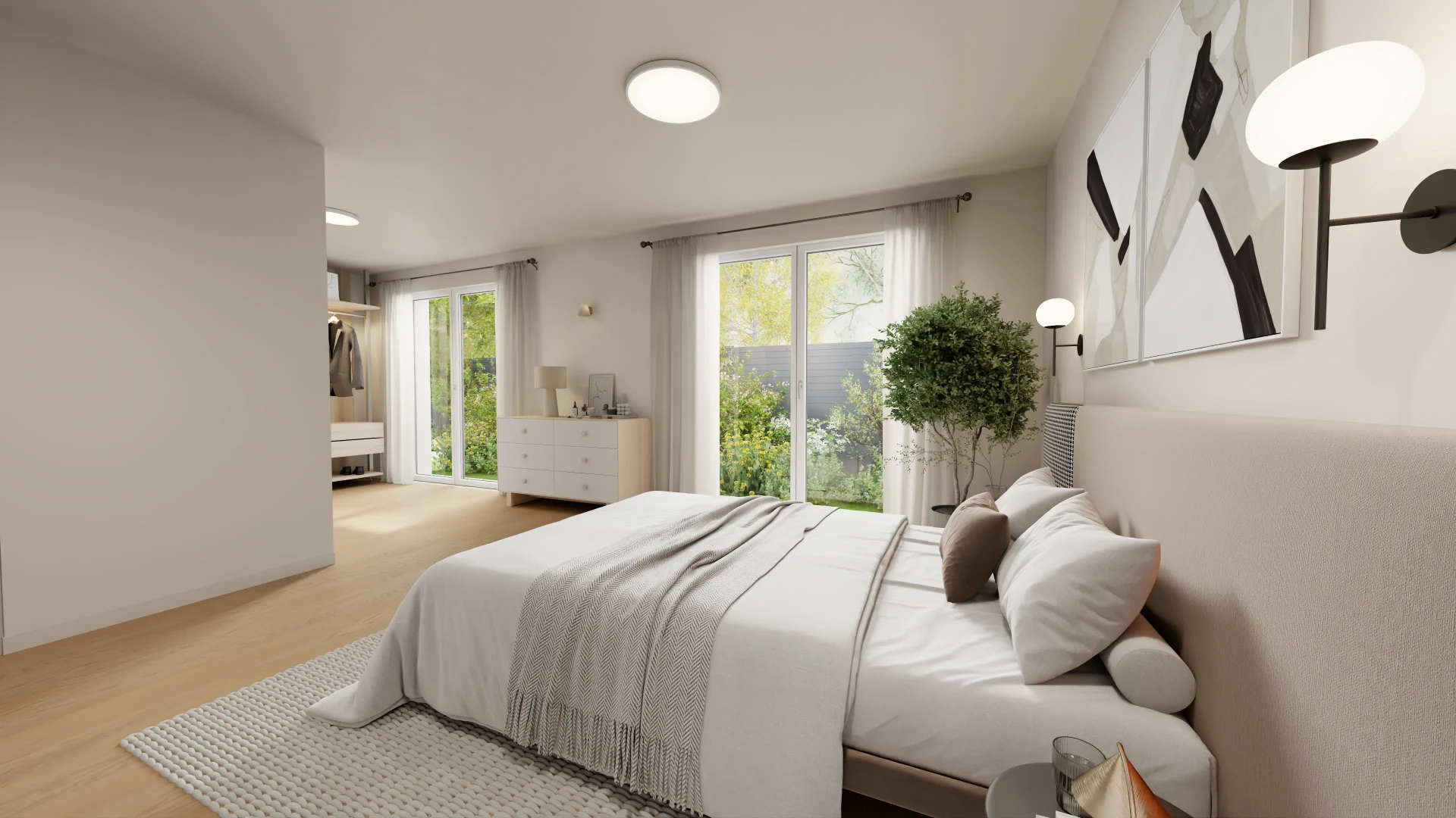 Schlafzimmer mit Gartenzugang in einer Wohnung der Villa Oberalster