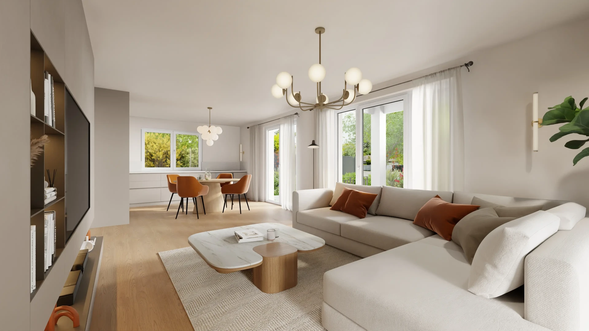 Offener Wohn- und Essbereich einer Wohnung in der Villa Oberalster