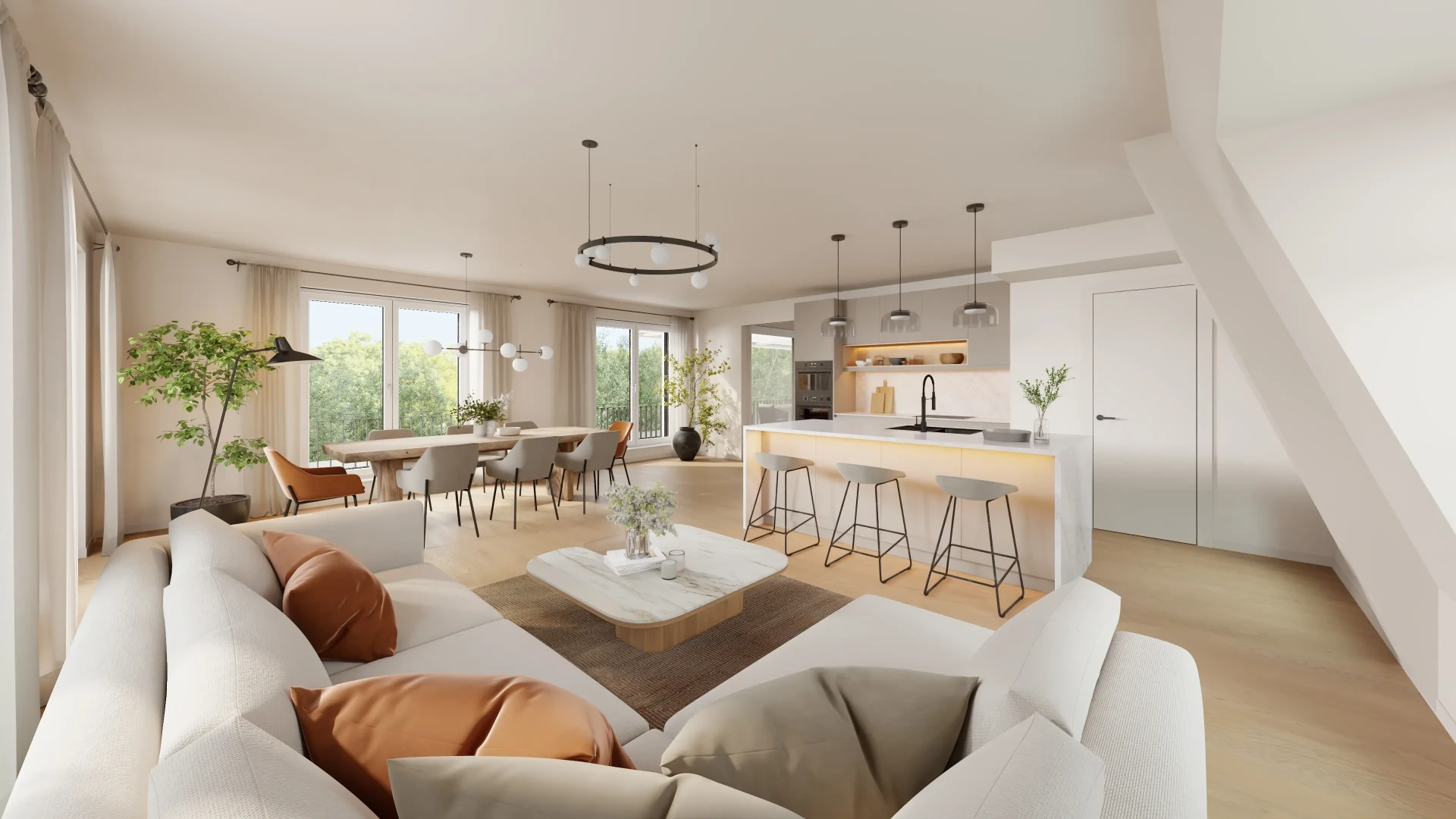 Großzügiger Wohn-, Ess- und Kochbereich des Penthouses der Villa Oberalster
