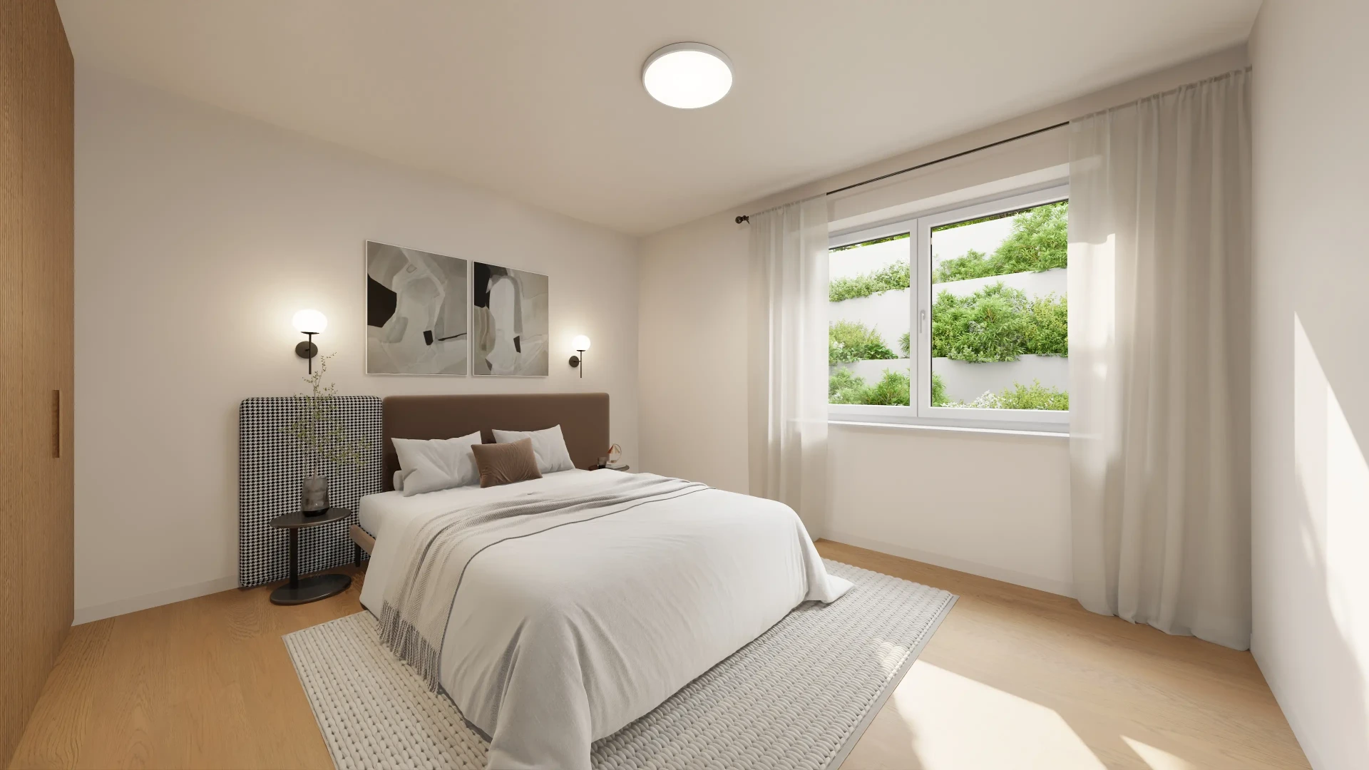 Helles Schlafzimmer mit begrüntem Lichtbereich in der Villa Oberalster