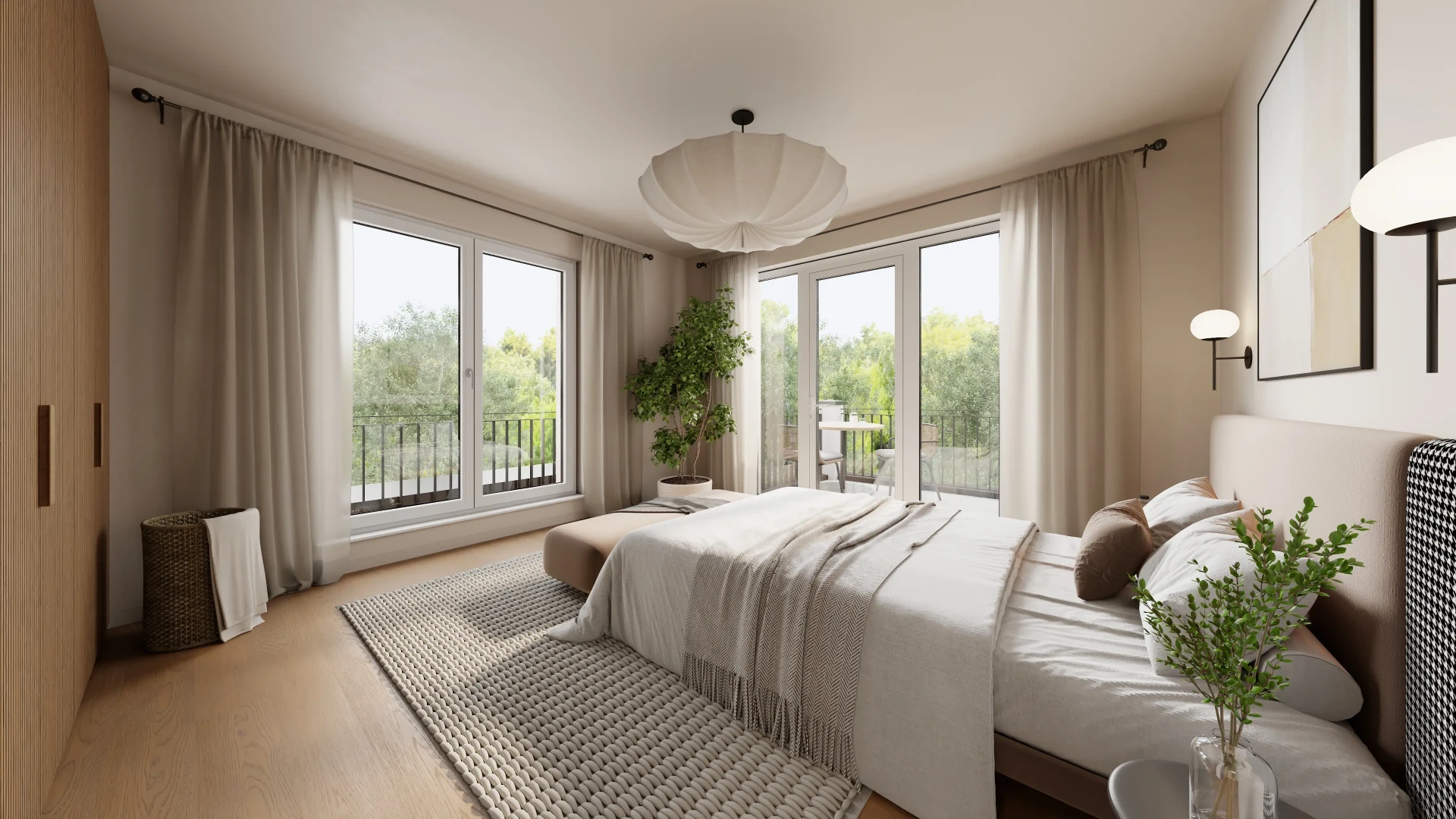 Penthouse-Schlafzimmer mit bodentiefen Fenstern und Balkon